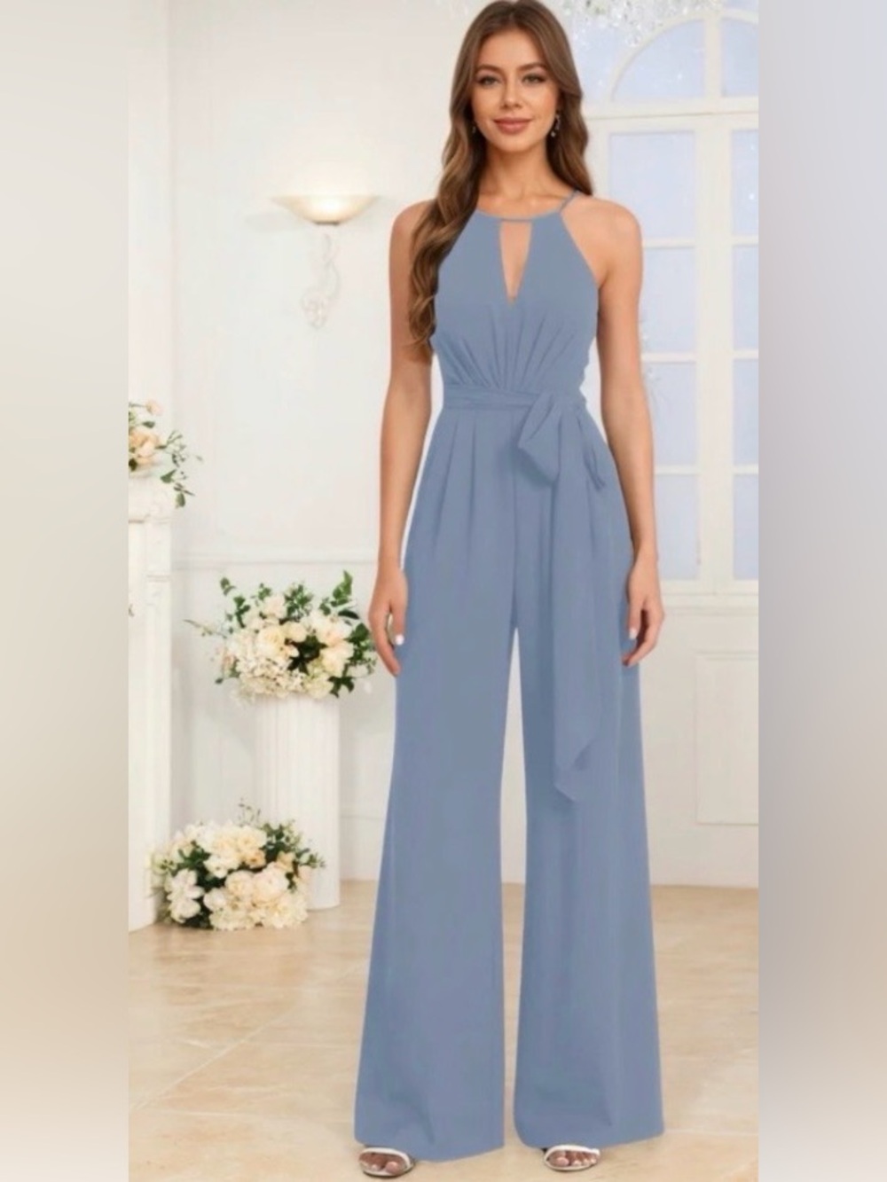 NWT Pomuyoo Key-Hole Halter Dusty Blue Chiffon Jumpsuit